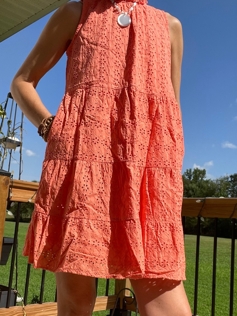 LOFT Coral Eyelet Tiered Midi Dress